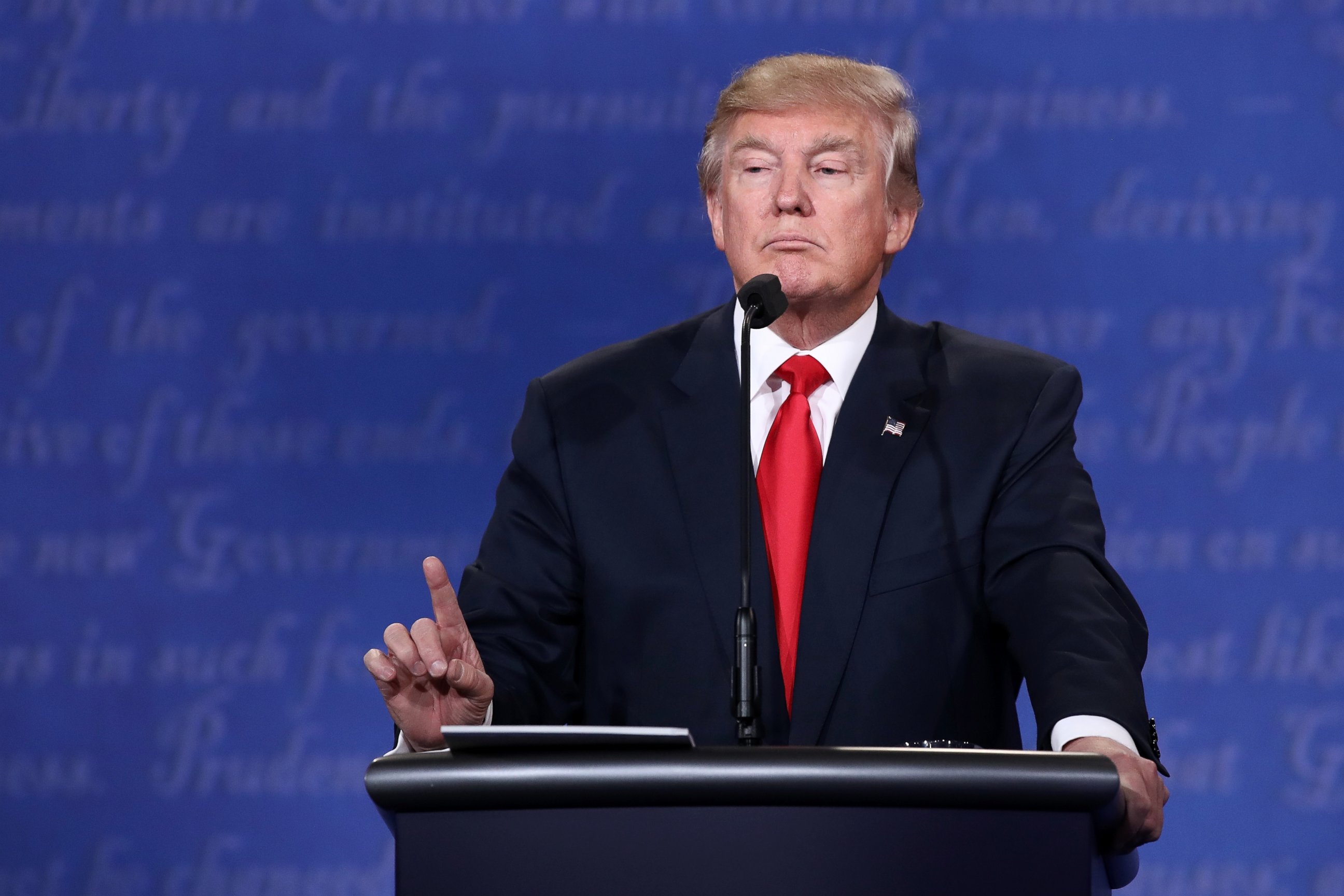 PHOTO: Republican presidential nominee Donald Trump gestures as he speaks during the third U.S. presidential debate at the Thomas & Mack Center on October 19,2016 in Las Vegas, Nevada. 