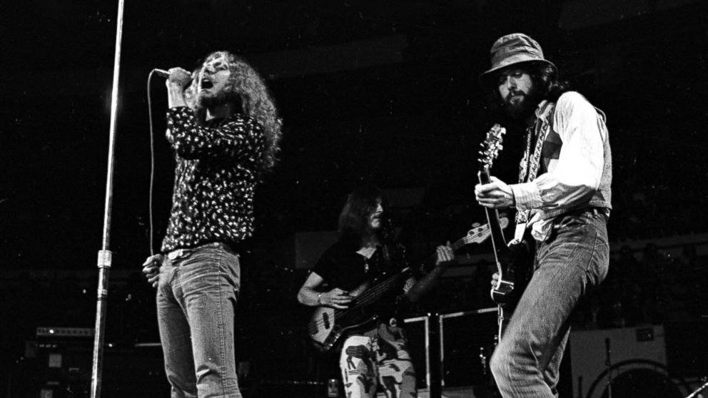 PHOTO: Rock band "Led Zeppelin" performs onstage at the Forum on September 4, 1970 in Los Angeles, California. (L-R) Robert Plant, John Paul Jones, Jimmy Page.