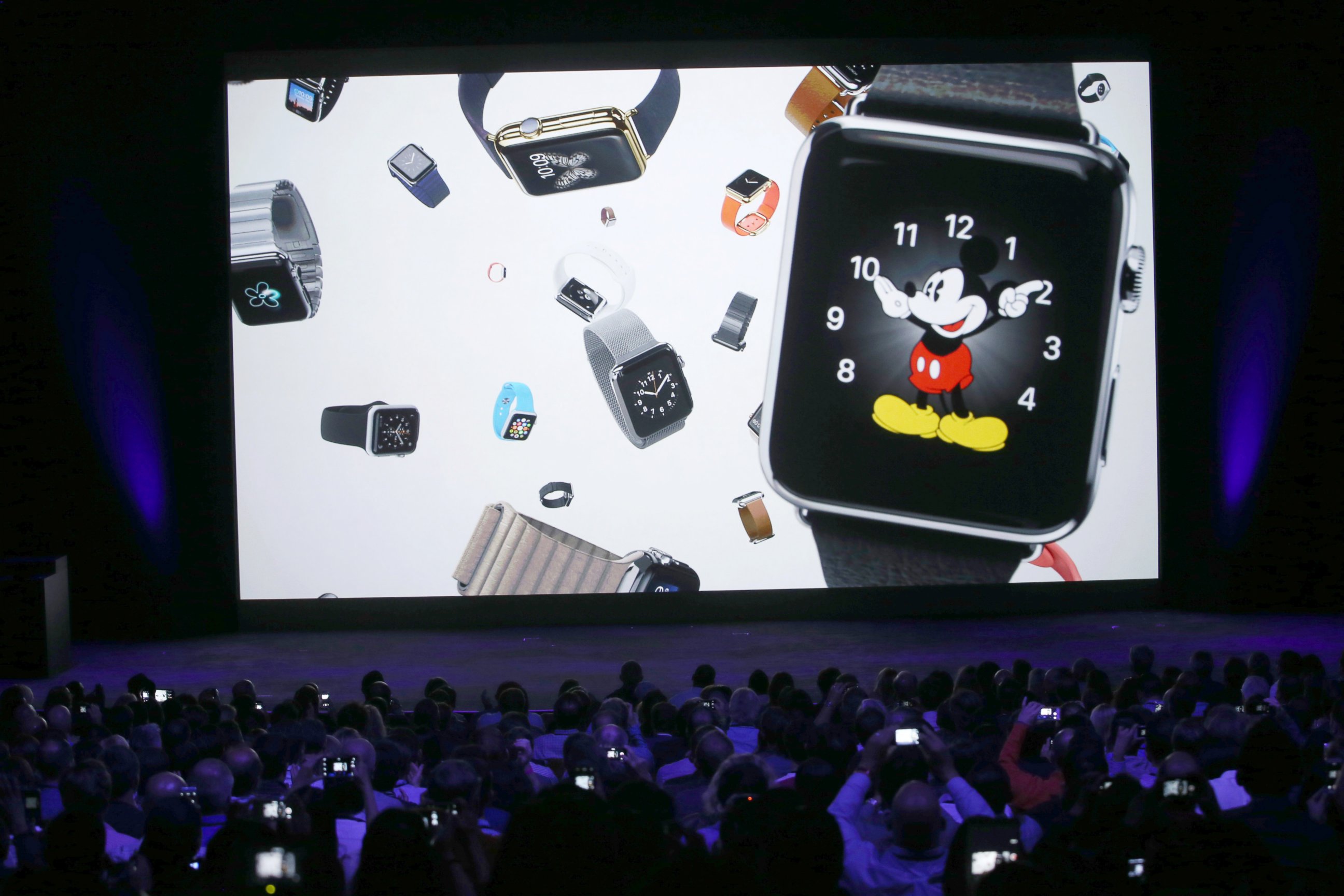 PHOTO: A video about the Apple Watch is shown during an Apple special event at the Flint Center for the Performing Arts, Sept. 9, 2014 in Cupertino, Calif.