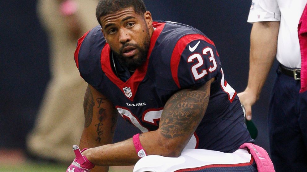 Arian Foster #23 of the Houston Texans takes a moment before pre-game warm ups at Reliant Stadium, Oct. 13, 2013, in Houston.