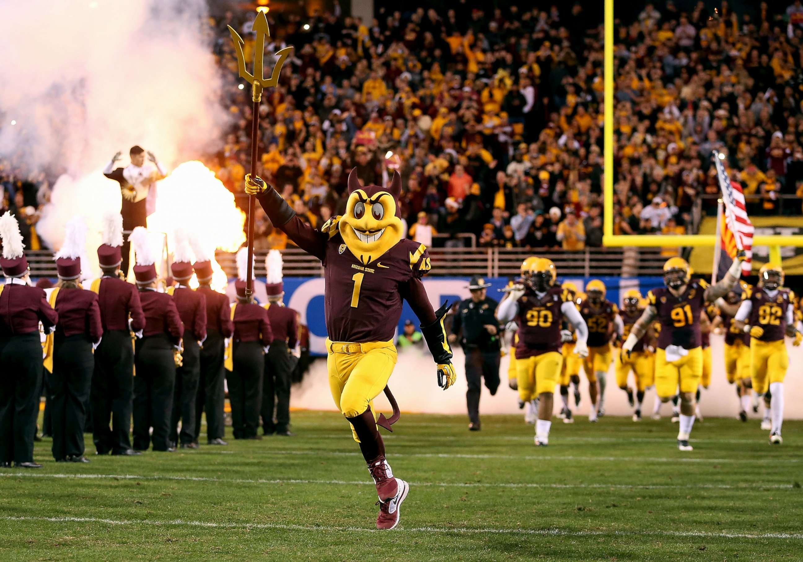 PHOTO: Arizona State Sun Devils mascot, Sparky runs out onto the field during the Pac 12 Championship game against the Arizona State Sun Devils at Sun Devil Stadium, Dec. 7, 2013, in Tempe, Arizona.