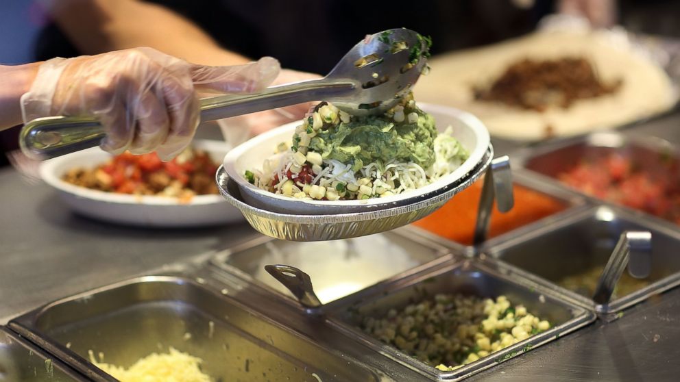 A Chipotle restaurant worker fills orders for customers on April 27, 2015 in Miami, Fla.