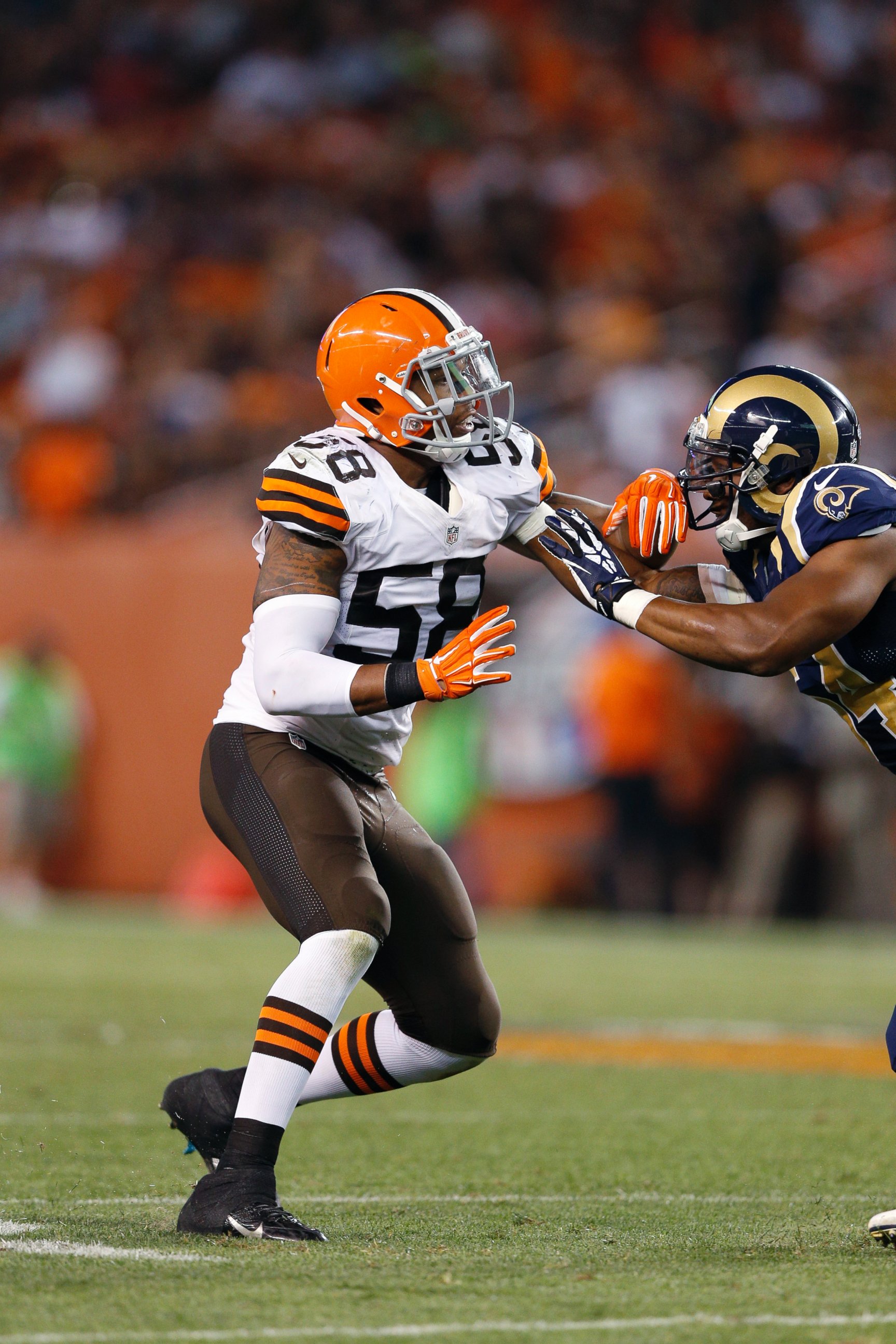 PHOTO: Christian Kirksey, #58 of the Cleveland Browns, in action during an NFL preseason game against the St. Louis Rams at FirstEnergy Stadium, Aug. 23, 2014, in Cleveland.