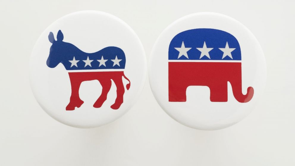 The symbols for the Democratic and Republican parties are pictured. 