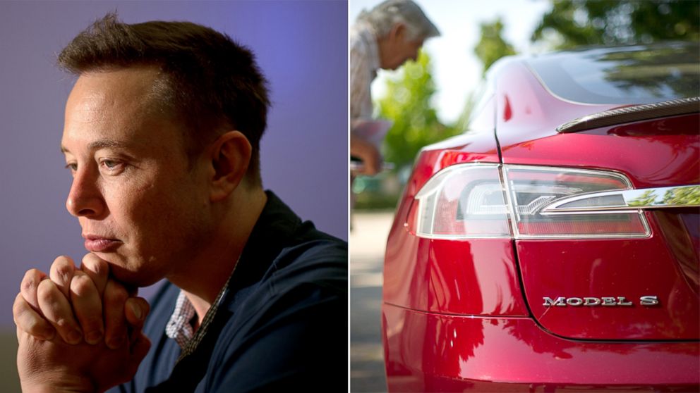 Elon Musk, left, co-founder and chief executive officer of Tesla Motors Inc., pauses during an interview at the company's assembly plant in Fremont, Calif., July 10, 2013.  A shareholder examines a Model S sedan after attending the Tesla Motors Inc. annual meeting in Mountain View, Calif., June 4, 2013.