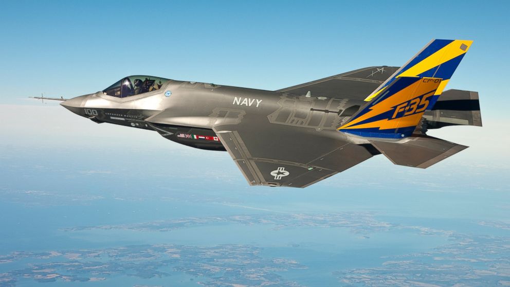 In this image released by the U.S. Navy courtesy of Lockheed Martin, the U.S. Navy variant of the F-35 Joint Strike Fighter, the F-35C, conducts a test flight, Feb. 11, 2011, over the Chesapeake Bay. Lt. Cmdr. Eric "Magic" Buus flew the F-35C for two hours, checking instruments that will measure structural loads on the airframe during flight maneuvers.