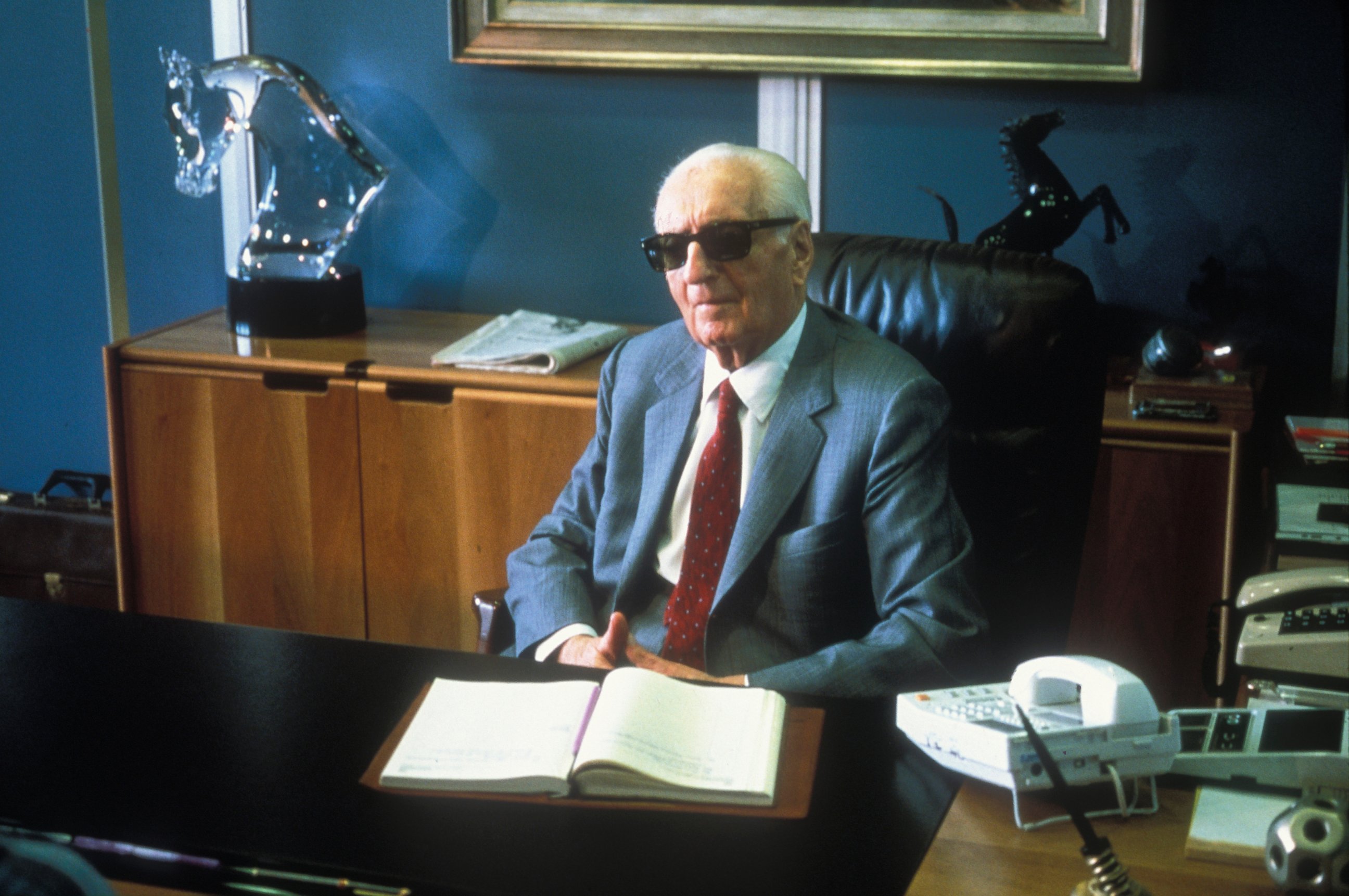 PHOTO:Enzo Ferrari sits at his office in 1985 in Maranello, Italy.  