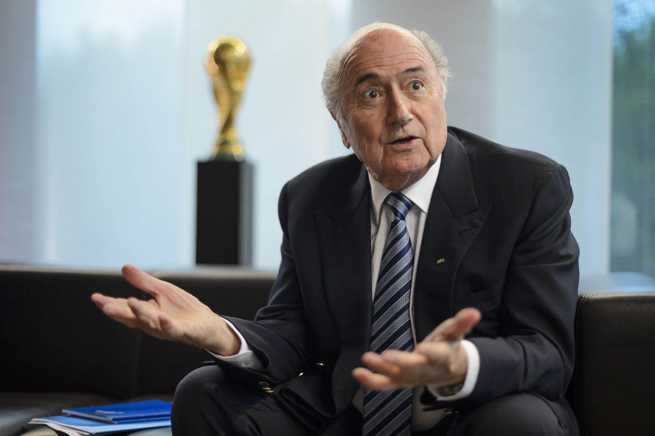PHOTO: President of International governing body of association football FIFA Sepp Blatter gestures during an interview on May 15, 2015 at the of organization's headquarters in Zurich.  