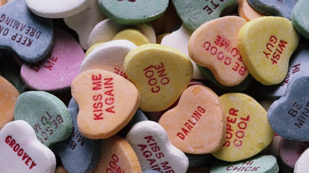 Candy hearts are pictured in this stock photo. 