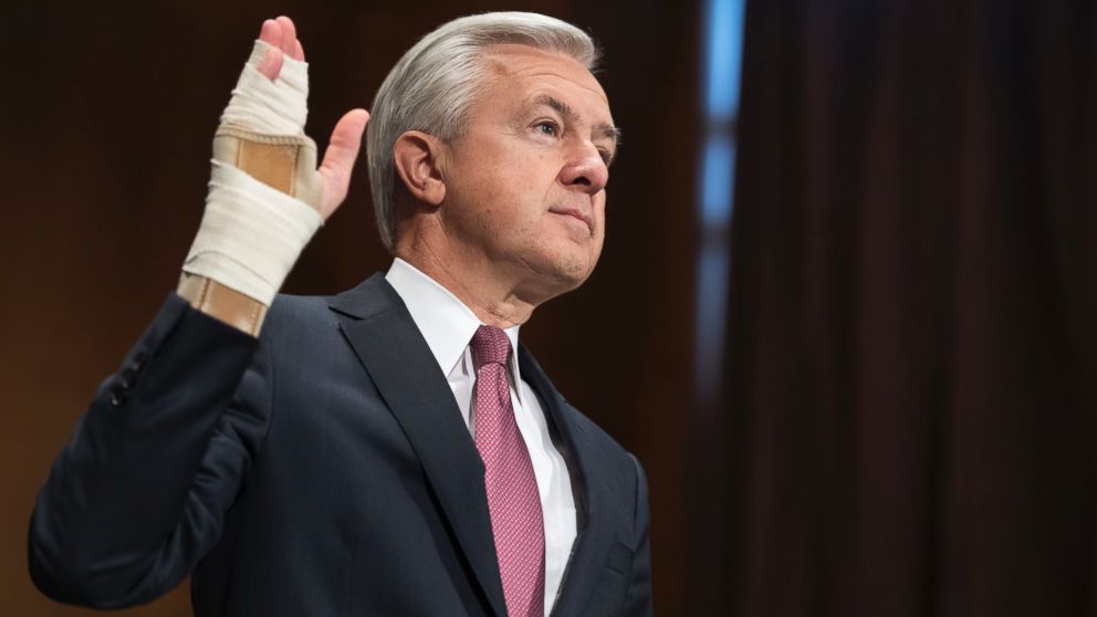 Wells Fargo CEO John Stumpf, is sworn in before testifying at a Senate Banking, Housing, and Urban Affairs hearing in Dirksen Building, Sept. 20, 2016, on the company's unauthorized accounts opened under customers' names.