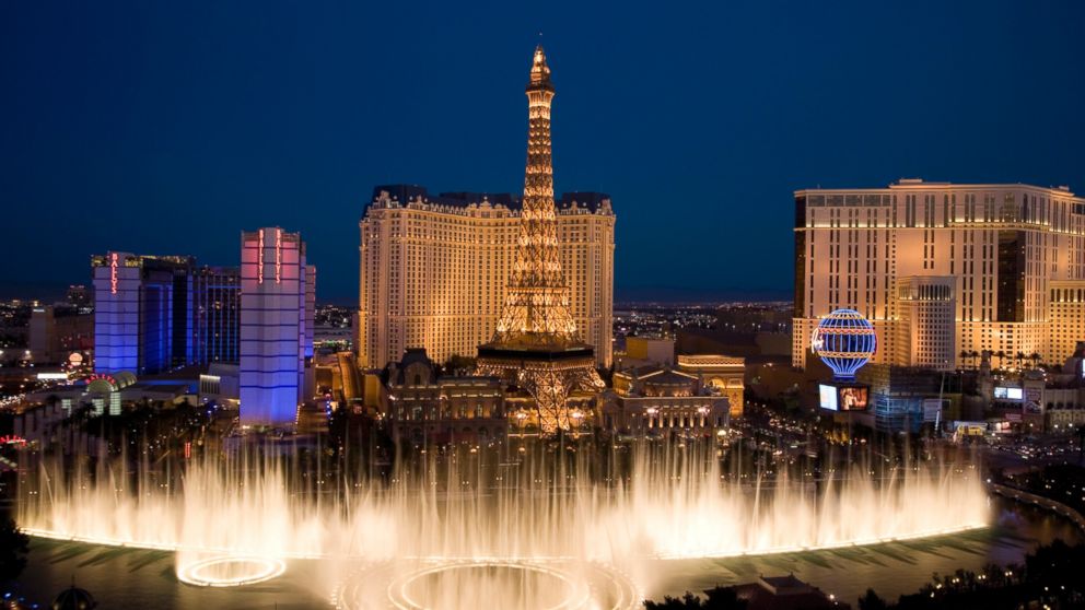 In this file photo, the Bellagio Fountain, Bally's and Paris Casinos are pictured in Las Vegas. 