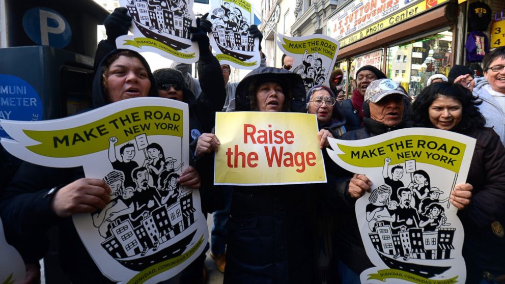 Fast-food workers calling for better wages demonstrate outside a McDonald's restaurant on Fifth Avenue in New York, March 18, 2014.
