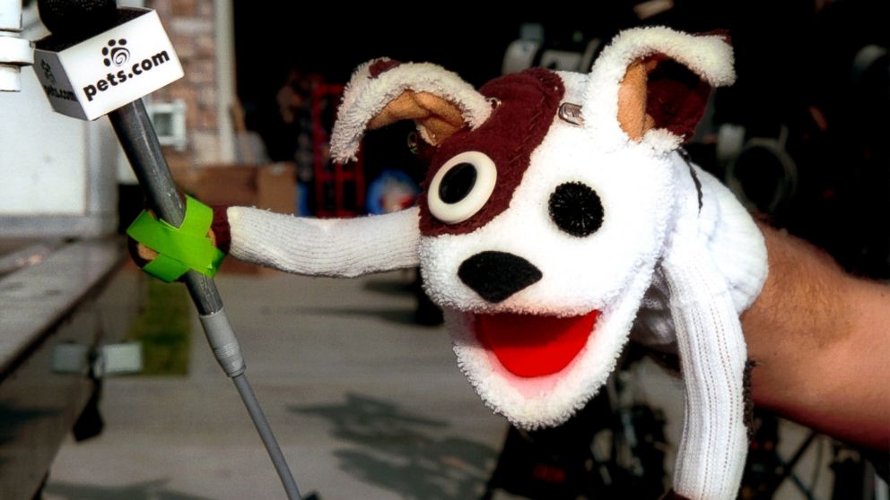 The pets.com sock puppet dog stars in a commercial for the company in Los Angeles, Jan. 11, 2000.  