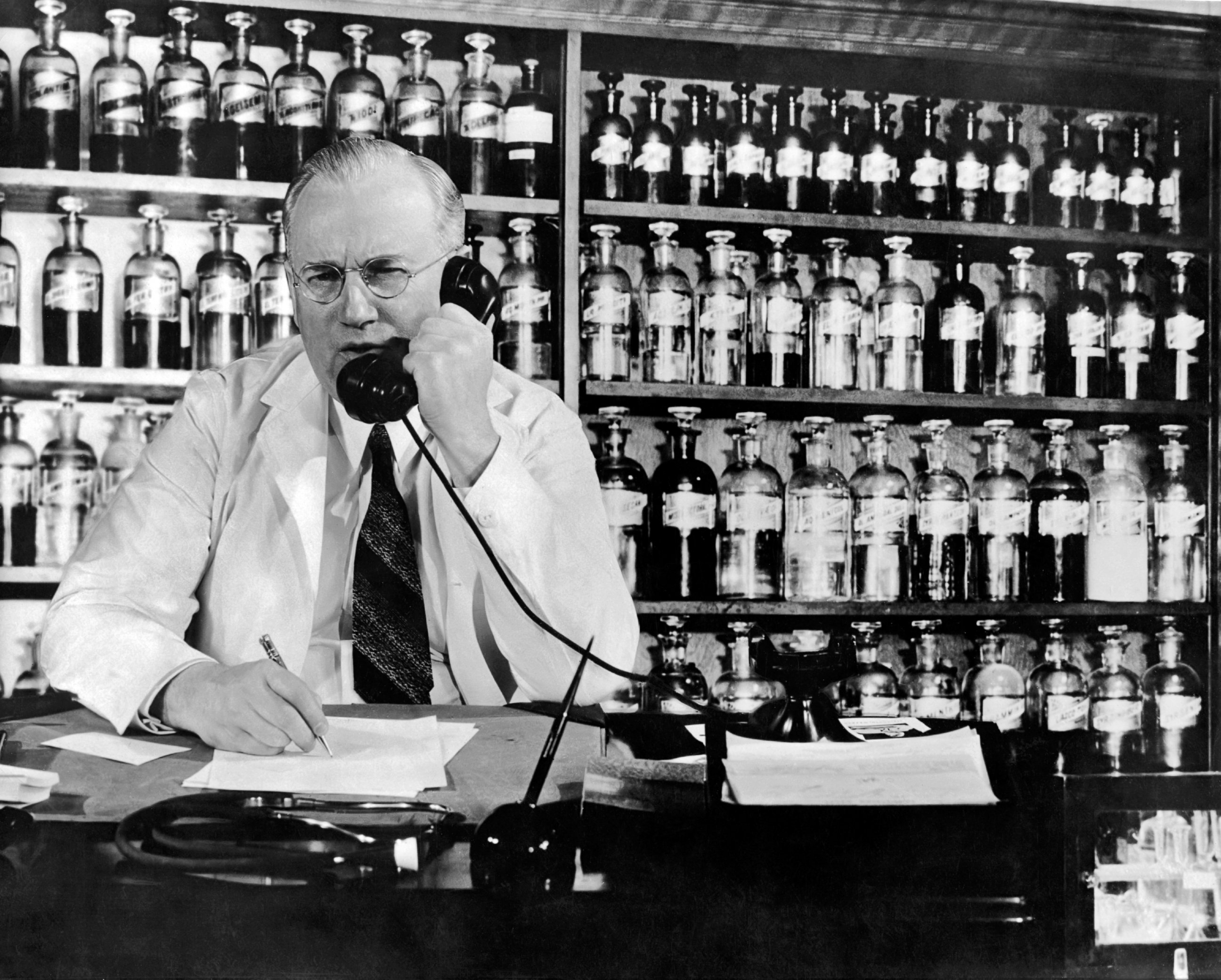 PHOTO: A pharmacist is seen on the telephone inside a drug store in this 1940 file photo.