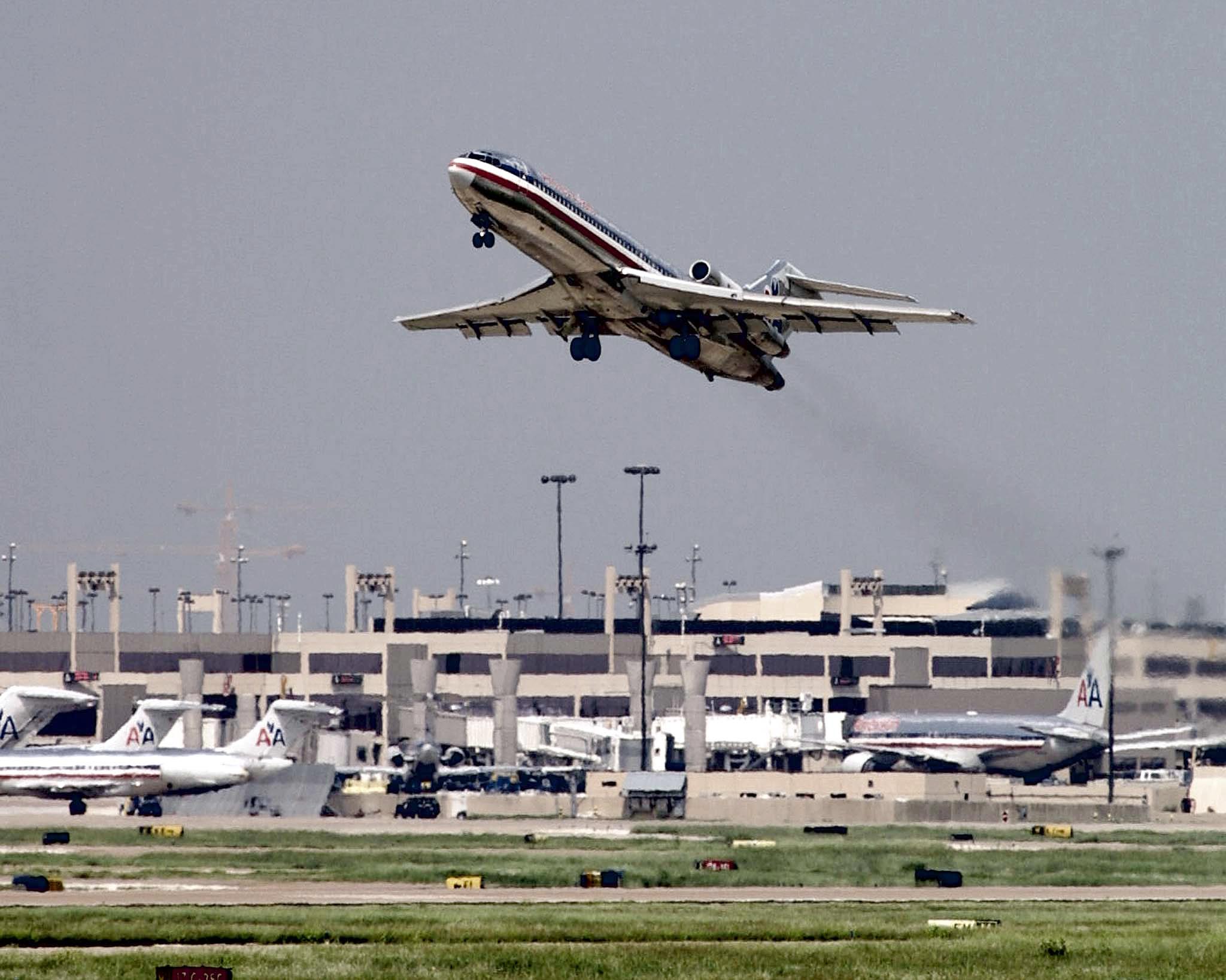 PHOTO: This Sept. 17, 2001, file photo shows an American Airlines jet taking off from Dallas/Ft. Worth International Airport in Dallas, Texas.