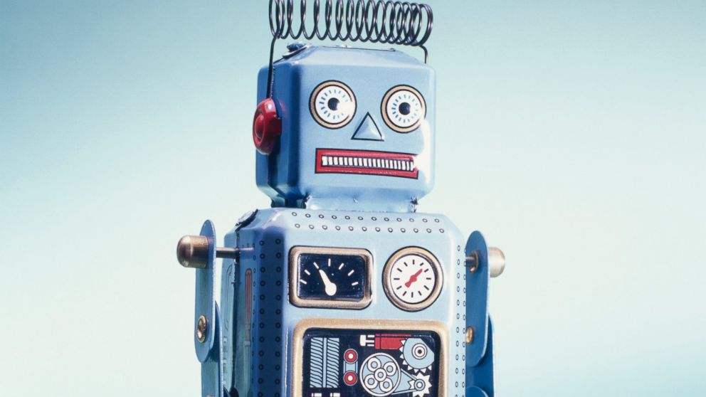 A toy robot is pictured in this stock image. 