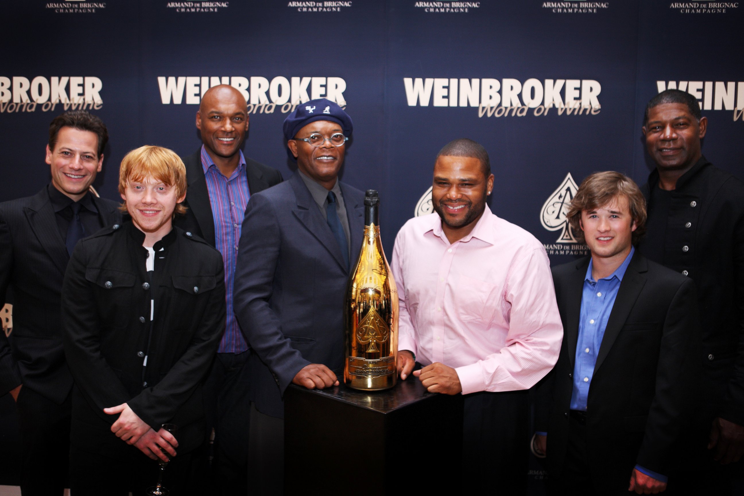 Ioan Gruffudd, Rubert Grint, Colin Salmon, Samuel L Jackson, Anthony Anderson, Haley Joel Osment and Dennis Haysbert with the Armand de Brignac Champagne, Sept. 15, 2010, in Bad Ragaz, Switzerland. 
