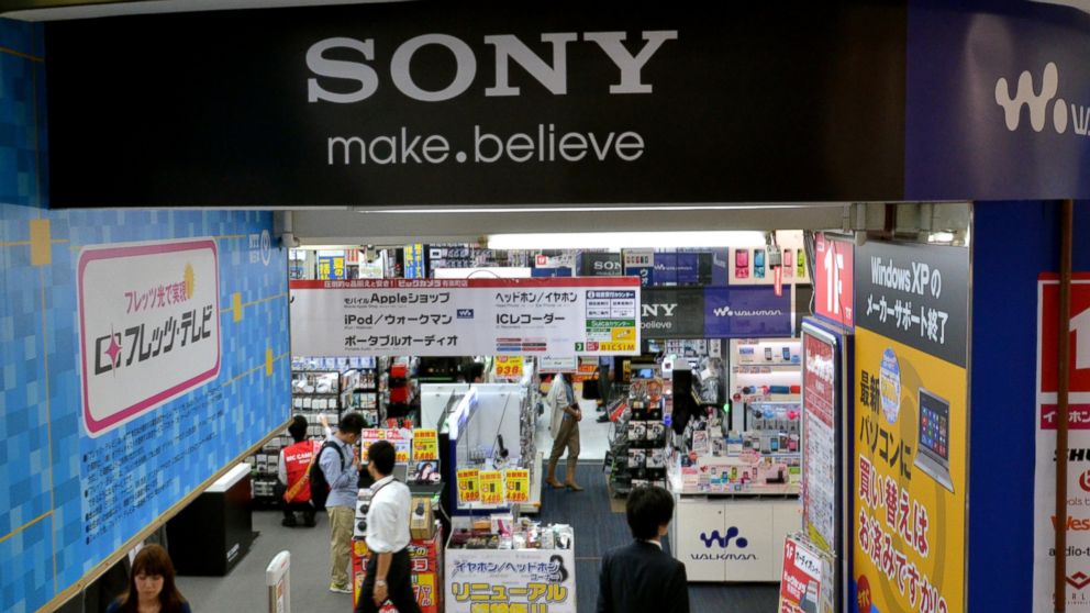 A logo of Japanese electronics giant Sony is displayed at a shop in Tokyo on May 13, 2014. 