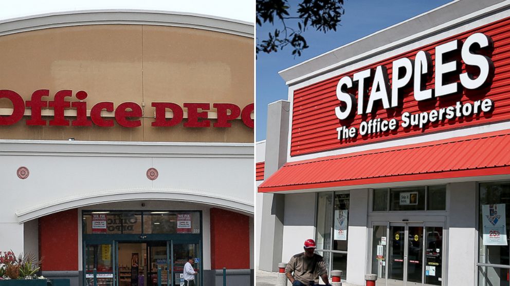 Exterior of Office Depot, left, and Staples.