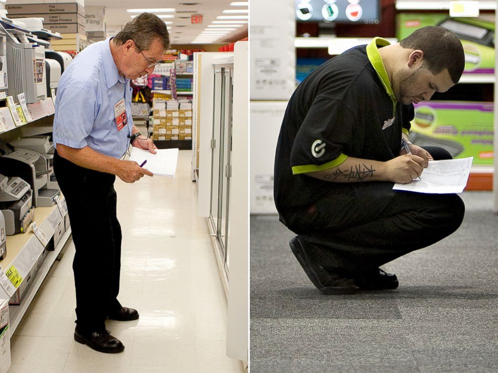 PHOTO: An employee checks inventory at an Office Depot, left, and a Staples, right.
