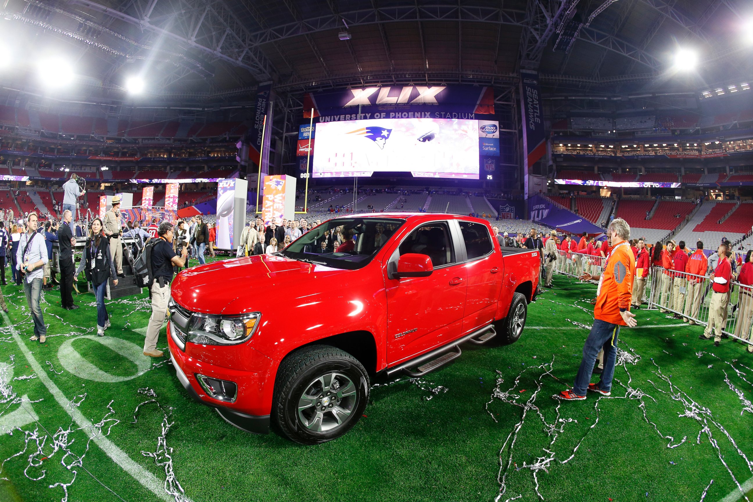 PHOTO: The Chevrolet MVP truck is seen on the field at the end of Super Bowl XLIX at University of Phoenix Stadium on Feb. 1, 2015 in Glendale, Ariz.