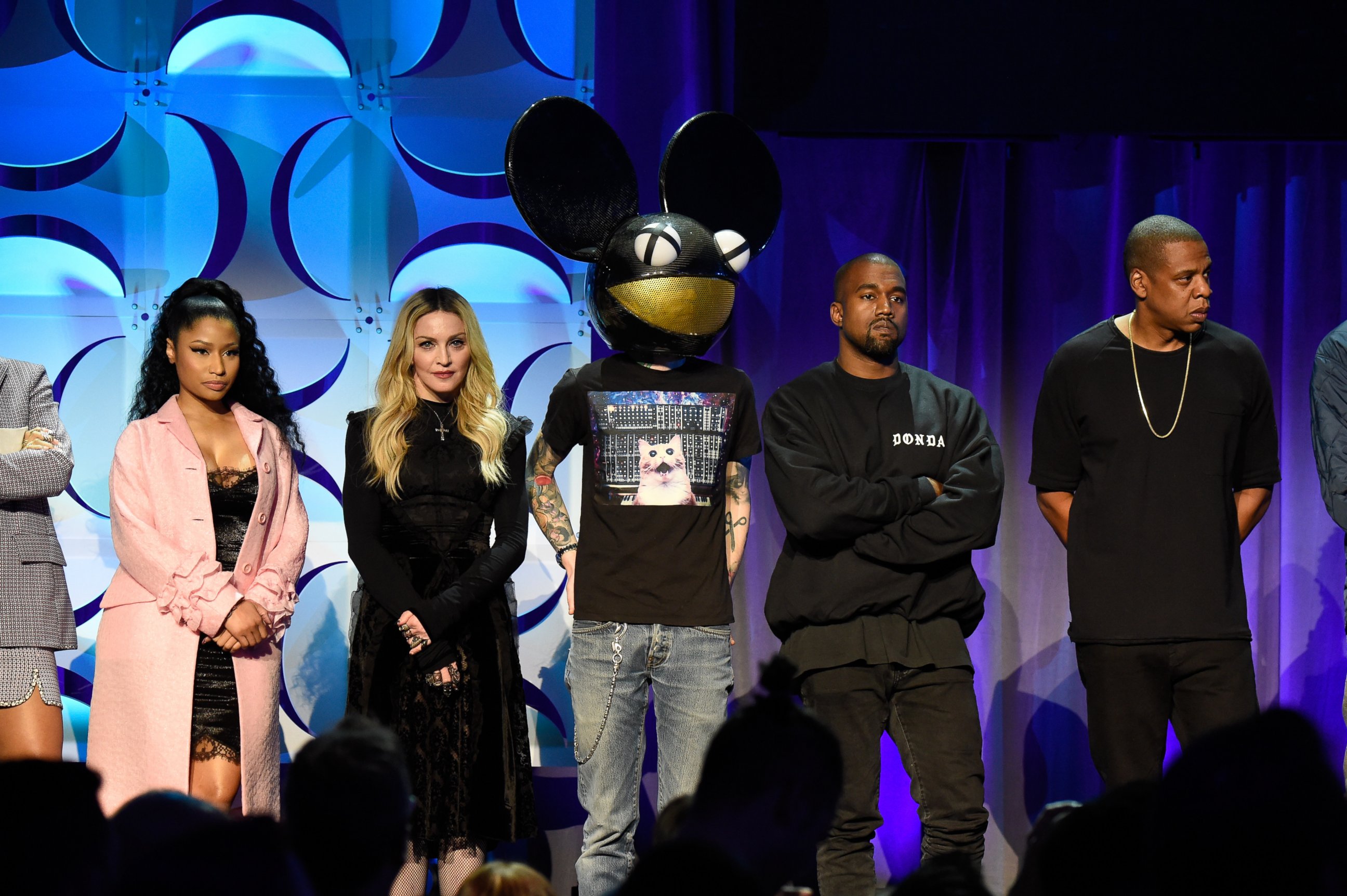 PHOTO: Rihanna,  Nicki Minaj, Madonna, Deadmau5 and Kanye West attend the Tidal launch event #TIDALforALL at Skylight at Moynihan Station, March 30, 2015, in New York.