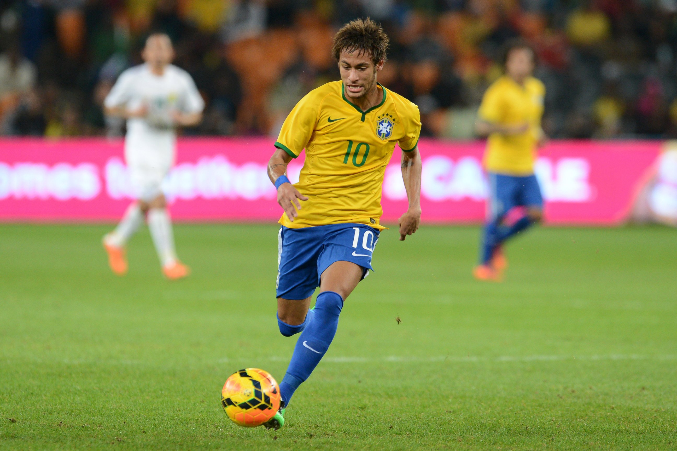PHOTO: Neymar of Brazil kicks the ball during a match between South Africa and Brazil