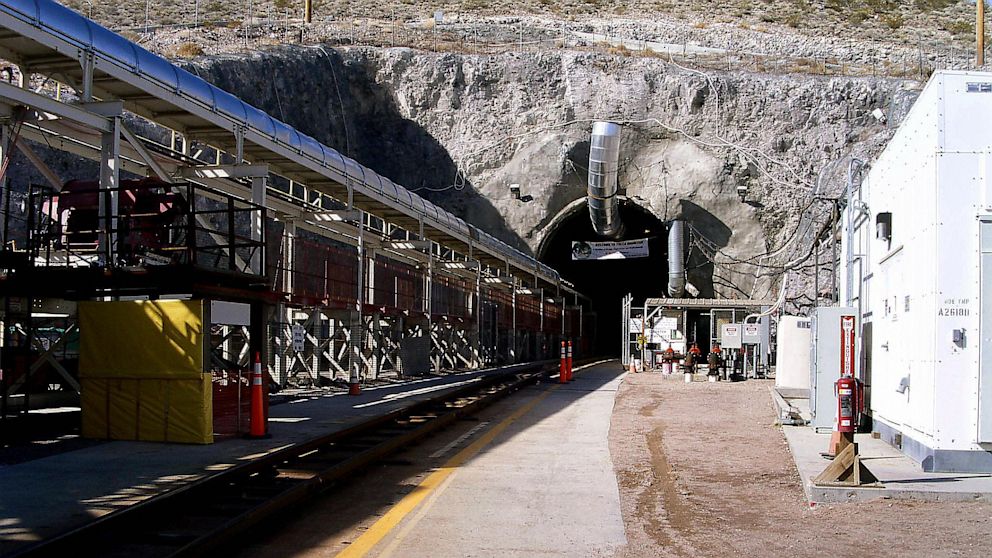 The entrance to the Yucca Mountain nuclear waste repository located in Nye County, Nev., is shown, Feb. 22, 2004. A federal appeals court has ruled that the Nuclear Regulatory Commission must resume its review of a proposal to store nuclear waste inside a repository at Yucca Mountain.