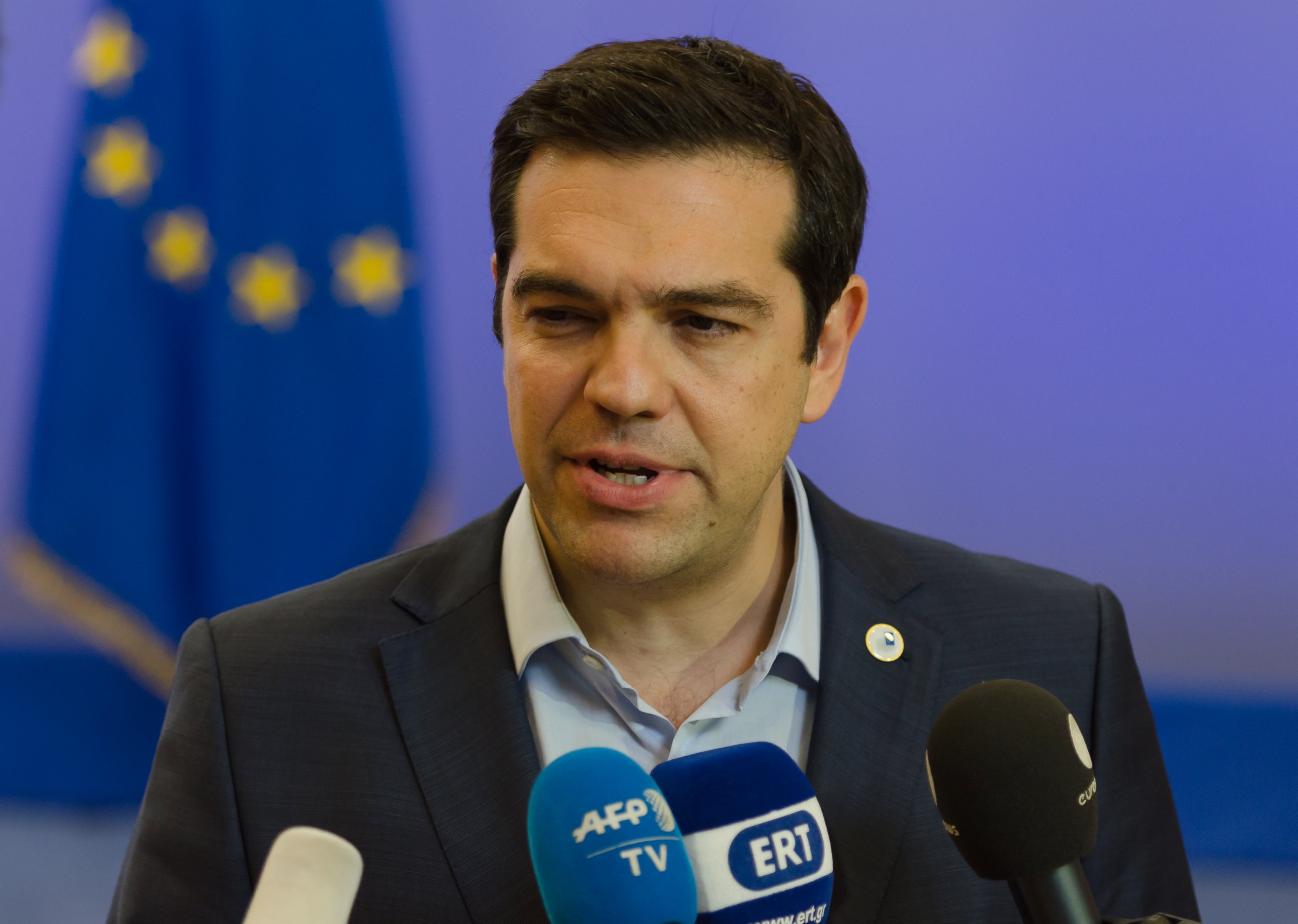 PHOTO: Greek Prime Minister Alexis Tsipras speaks with the media after a meeting of eurozone heads of state at the EU Council building, July 13, 2015, in Brussels.