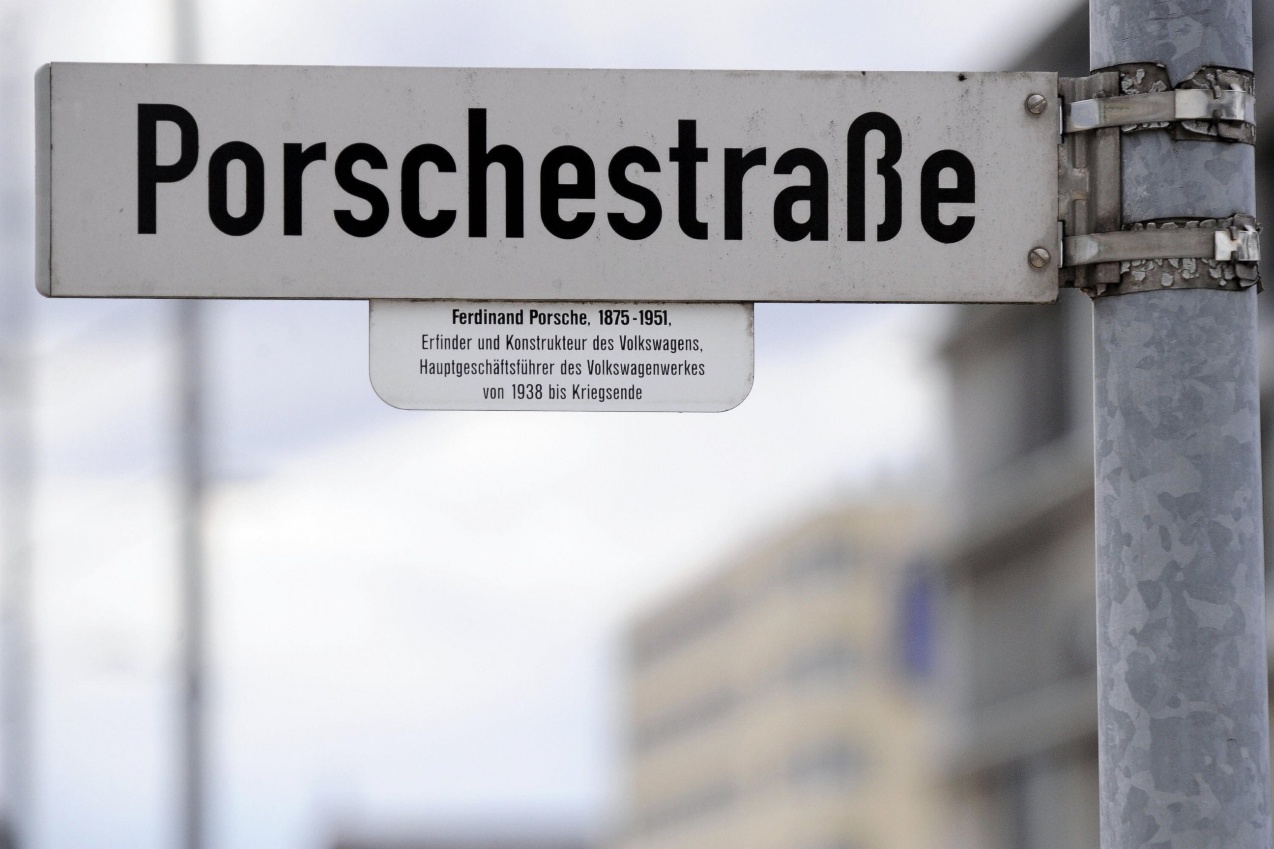 PHOTO: A street sign named after Ferdinand Porsche, founder of Volkswagen and Porsche, "Porschestrasse" is seen, July 23, 2009, in Wolfsburg, northern Germany.  