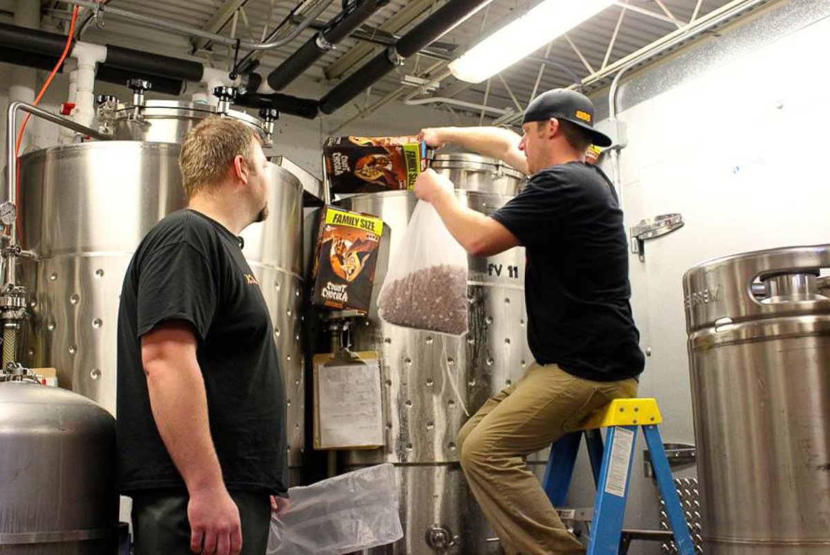 PHOTO: Black Bottle Brewery co-owner Sean Nook said about the Count Chocula-inspired beer, “We literally open the boxes and put them into food-grade nylon sacks and put them in the fermenter for a week."