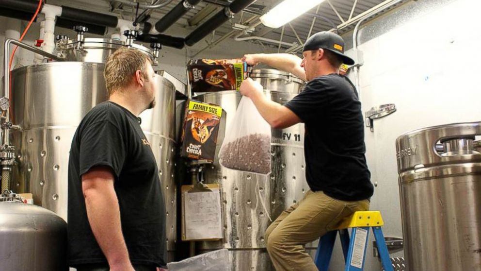 PHOTO: Black Bottle Brewery co-owner Sean Nook said about the Count Chocula-inspired beer, “We literally open the boxes and put them into food-grade nylon sacks and put them in the fermenter for a week."