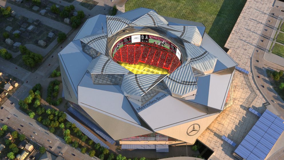 PHOTO: A rendering of an aerial view of the open roof of the new Mercedes-Benz Stadium in Atlanta, Georgia, slated to open in 2017.