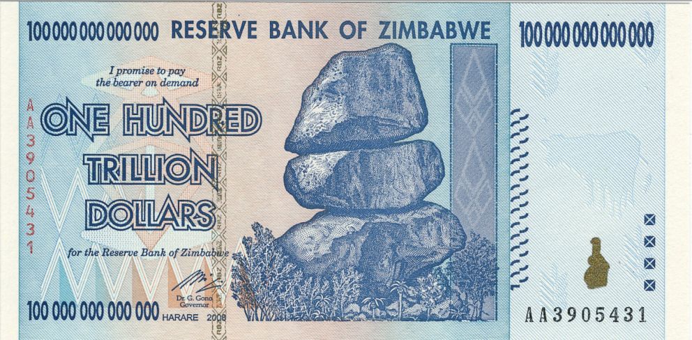 PHOTO:Zimbabwe 100 trillion dollar banknote is seen in this undated file photo. 