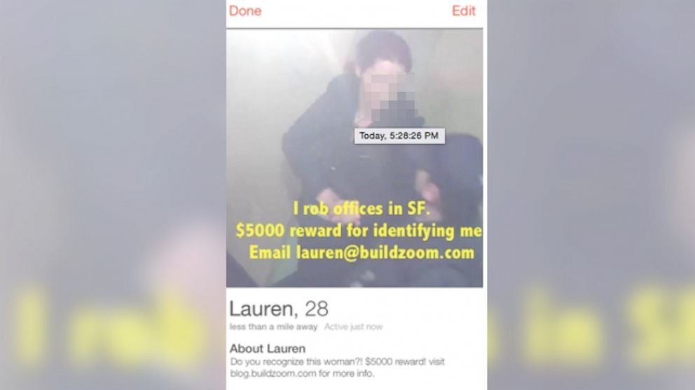 Buildzoom created a fake Tinder profile from their office video surveillance showing an alleged burglar.