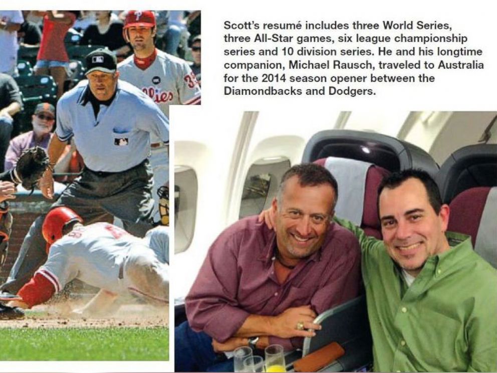 PHOTO: MLB umpire Dale Scott was profiled in the October 2014 issue of Referee magazine with caption, "He and his longtime companion, Michael Rausch, traveled to Australia for the 2014 season opener between the Diamondbacks and Dodgers."