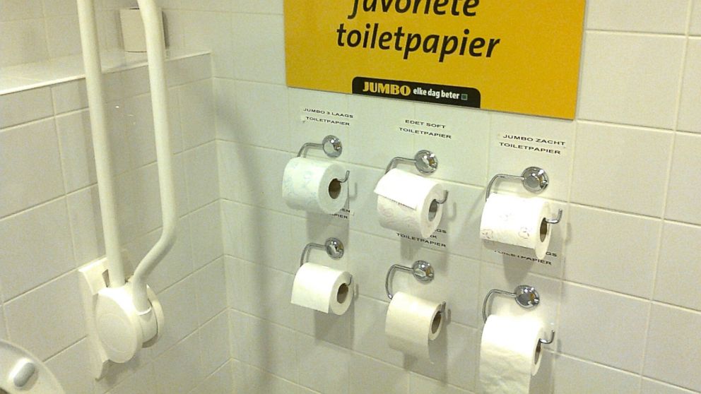 Dutch supermarket Jumbo displays an array of toilet paper.