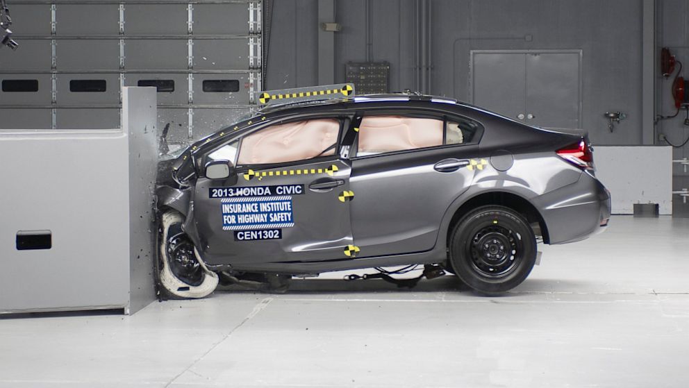 Action shot taken during the small overlap frontal crash test on the 2013 Honda Civic 4-door, Jan 29, 2013. 