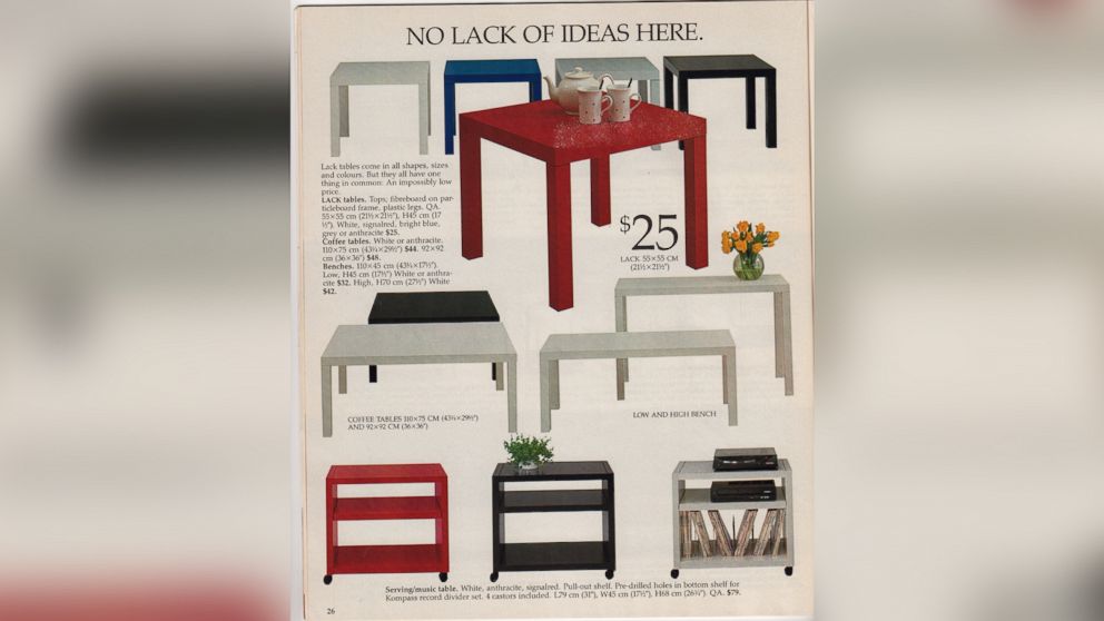 PHOTO: In Ikea's 1985 catalog, the "LACK table" description states: "Lack tables come in all shapes, sizes and colours. But they all have one thing in common: An impossibly low price." On its 30th anniversary in the U.S., June 12, 2015, it's $9.99.