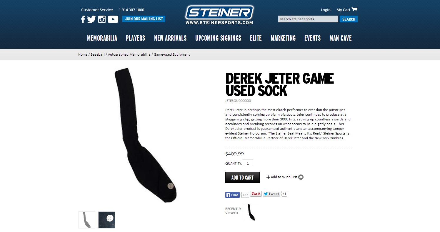 PHOTO: A Derek Jeter game used sock is on sale for $409.99.