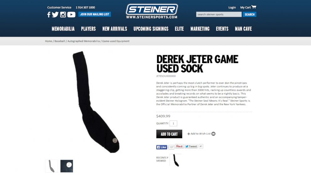 PHOTO: A Derek Jeter game used sock is on sale for $409.99.