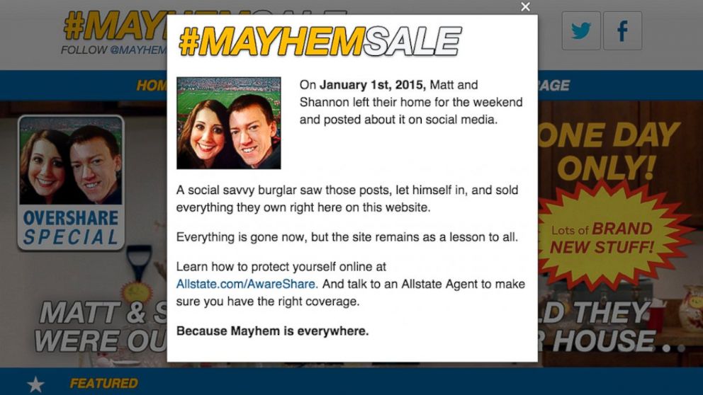 PHOTO: Allstate's Mayhem ad featured a vacationing couple and website selling their belongings.
