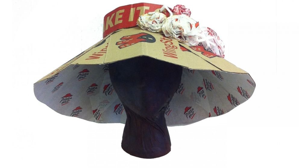 Designer Angela Bacskocky used Pizza Hut boxes to create fancy Kentucky Derby hats.