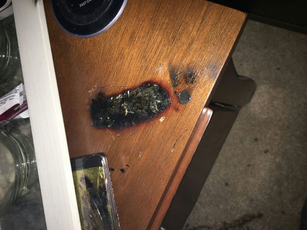 PHOTO: A photo provided by Shawn Minter to ABC News shows a table where a replacement Samsung Note7 reportedly overheated on Sunday.