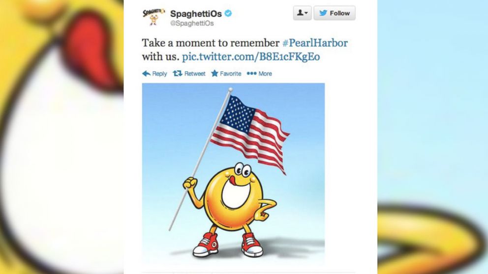 SpaghettiOs sent out an unsavory tweet on the 72nd anniversary of Japan's attack on the Pearl Harbor.
