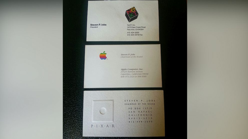 Three of Steve Job's business cards from Apple, NeXT Inc and Pixar are seen here in this undated photo.
