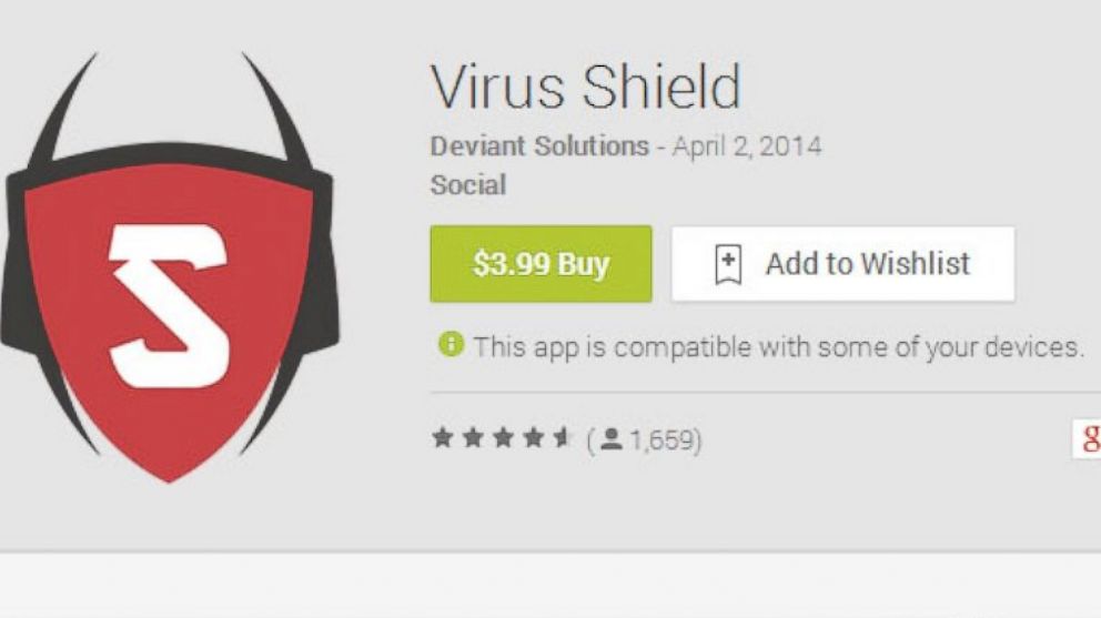 The Google Play page for "Virus Shield," which has since been removed from the Google Play store.