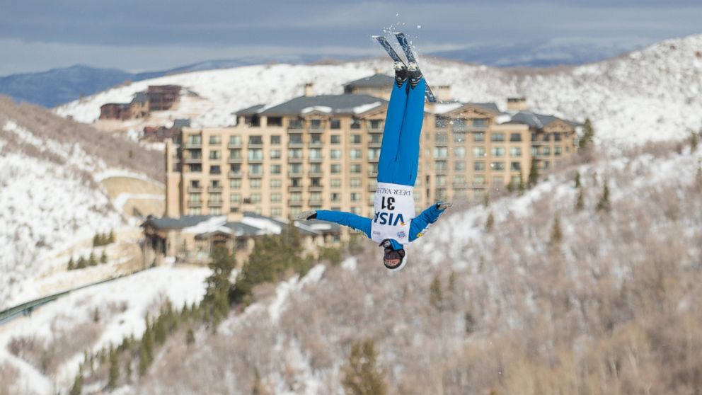 "Ski ambassador" Mac Bohonnon flies in front of The St. Regis Deer Valley, in Park City, Utah. 