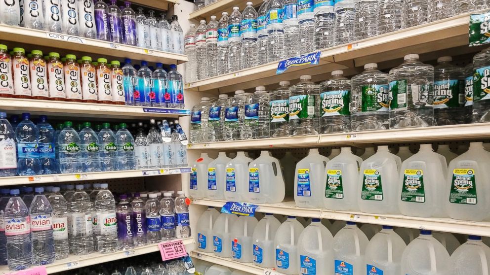 A display of bottled water is seen in a supermarket in New York, March 17, 2016.