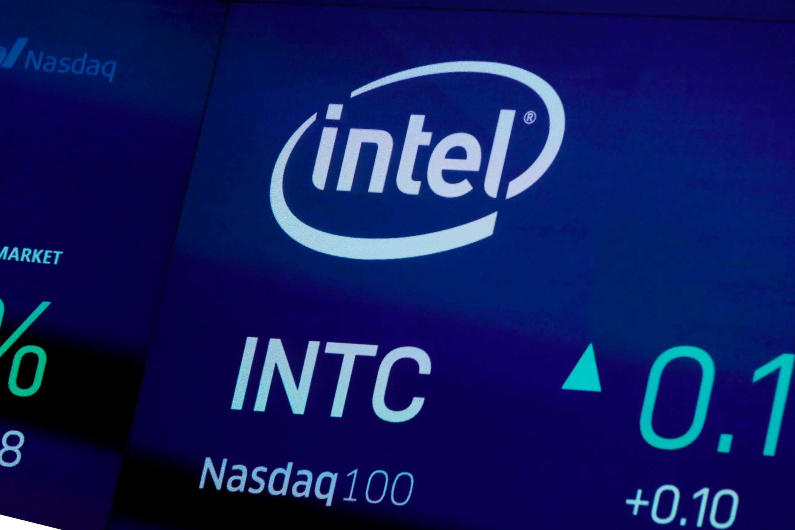 PHOTO: The symbol for Intel appears on a screen at the Nasdaq MarketSite, in New York, Oct. 1, 2019. 